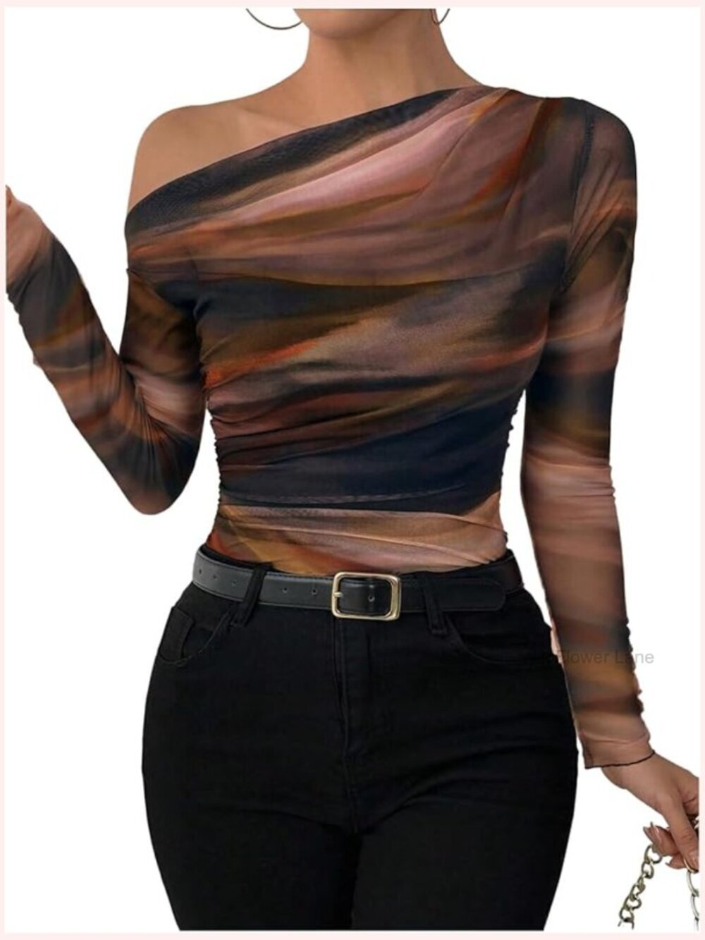 Tie Dye Off Shoulder Long Sleeve Mesh Ruched Asymmetrical Top